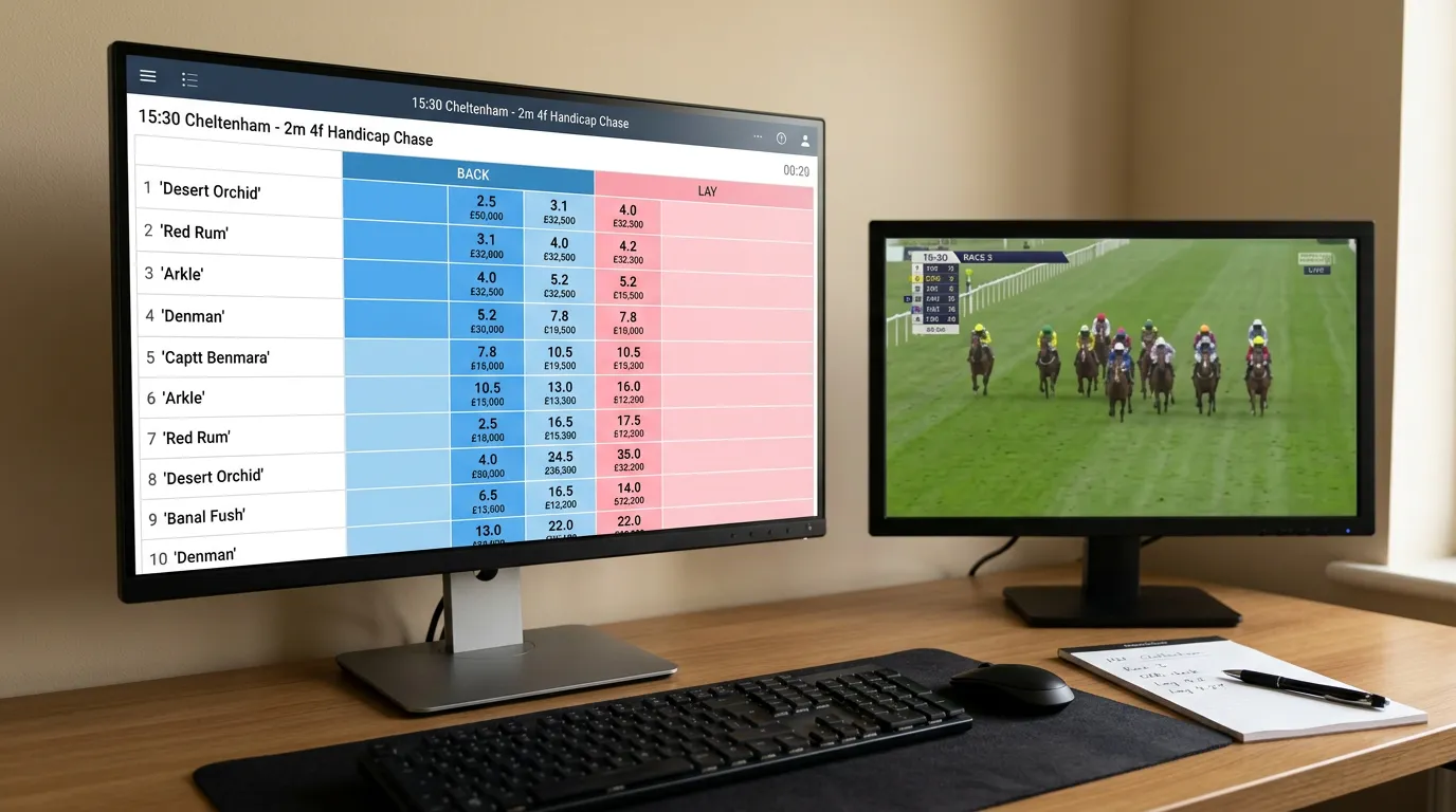 Betting exchange trading interface showing back and lay odds for a UK horse racing market