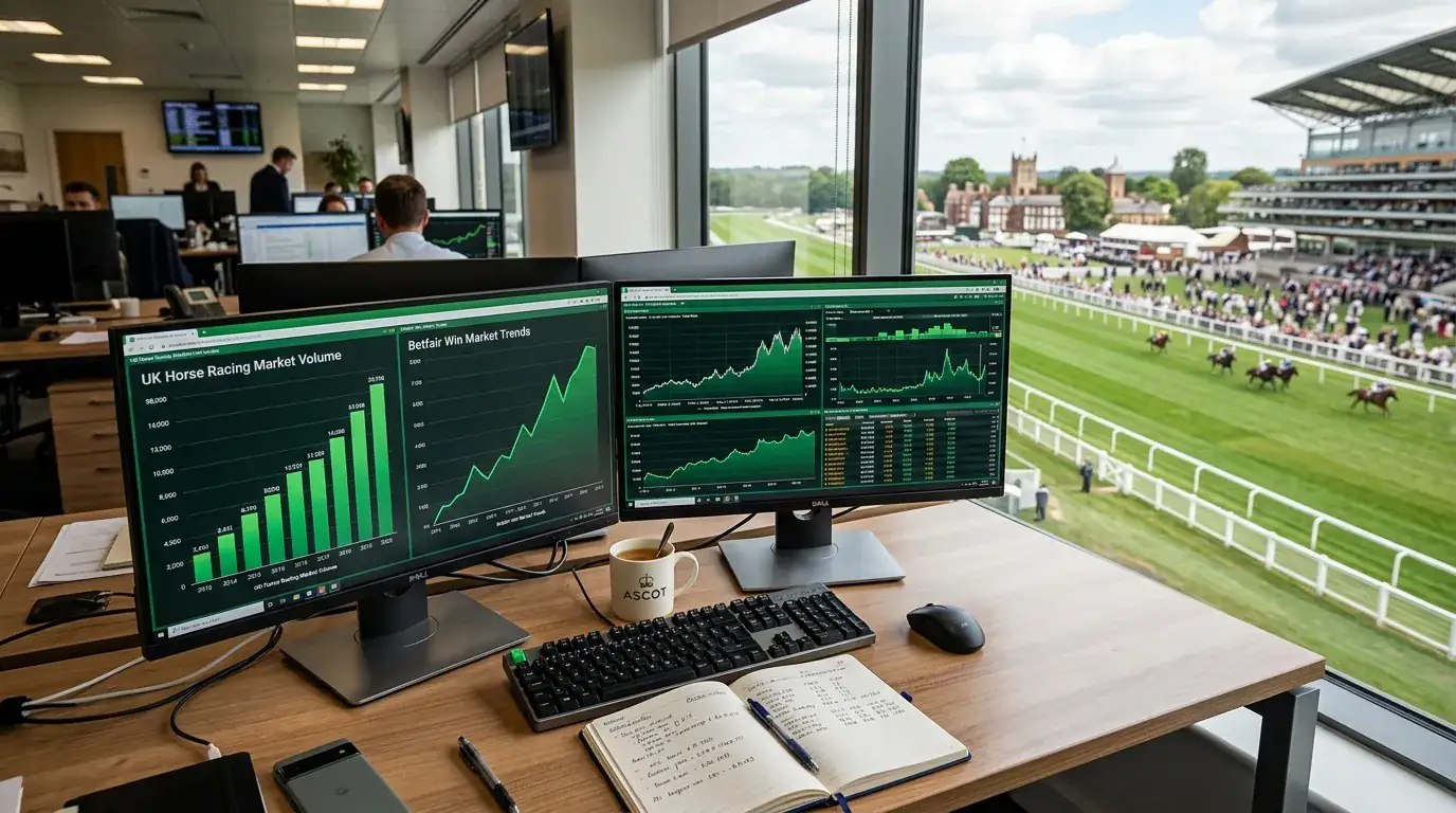 Horse racing betting market turnover data displayed on a trading desk monitor at a British racecourse